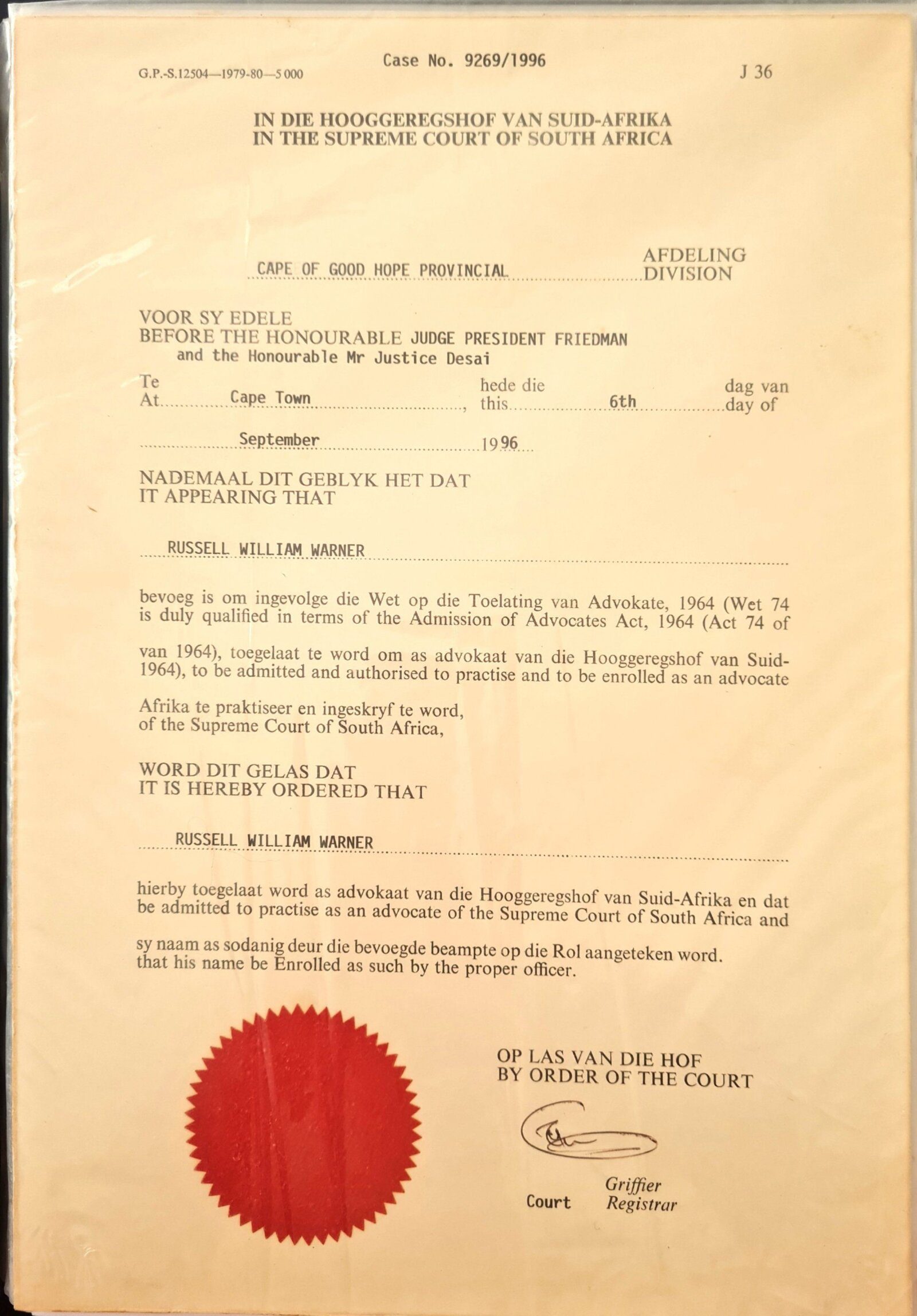 Admission as Advocate Certificate