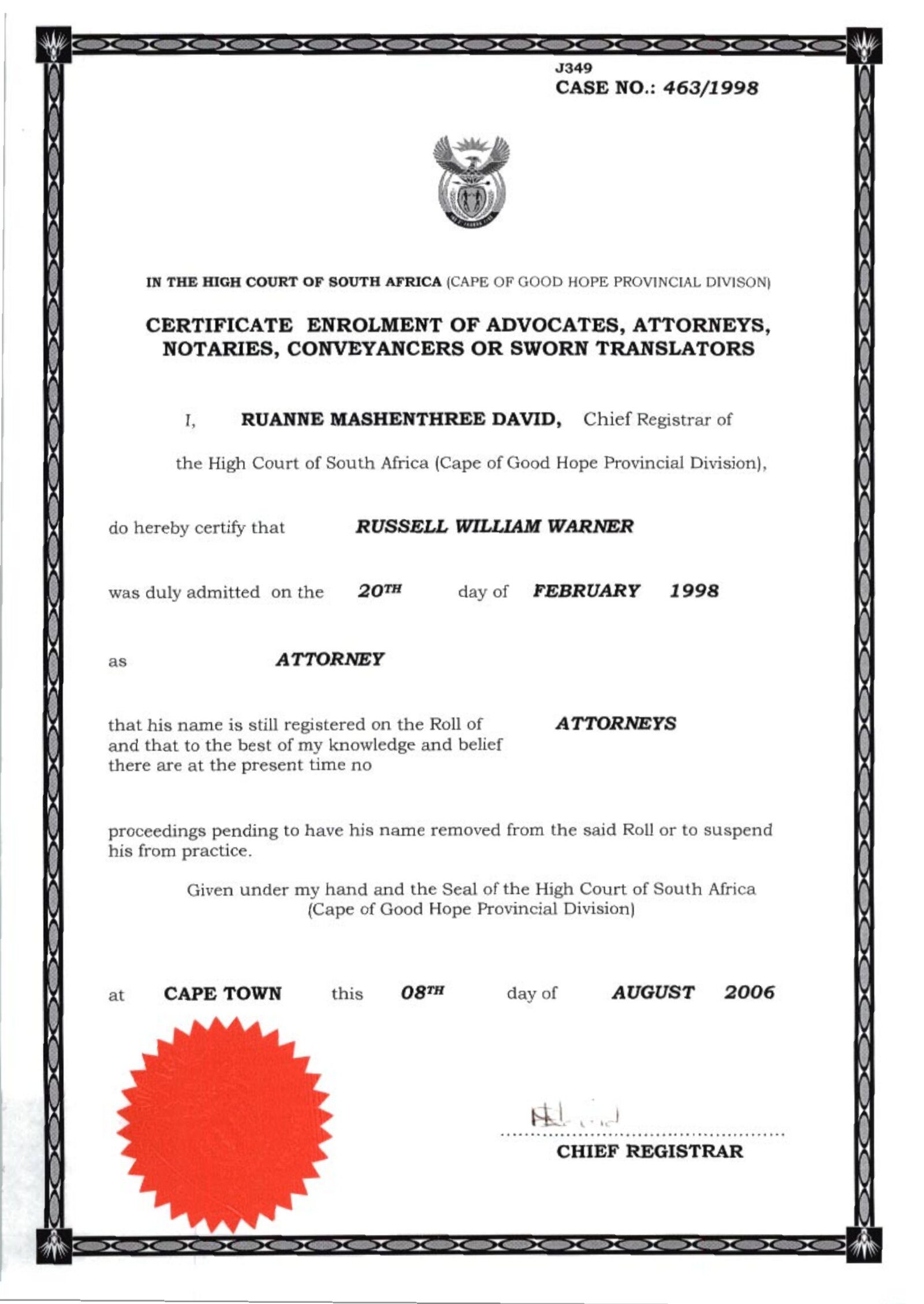 Admission as Attorney Certificate