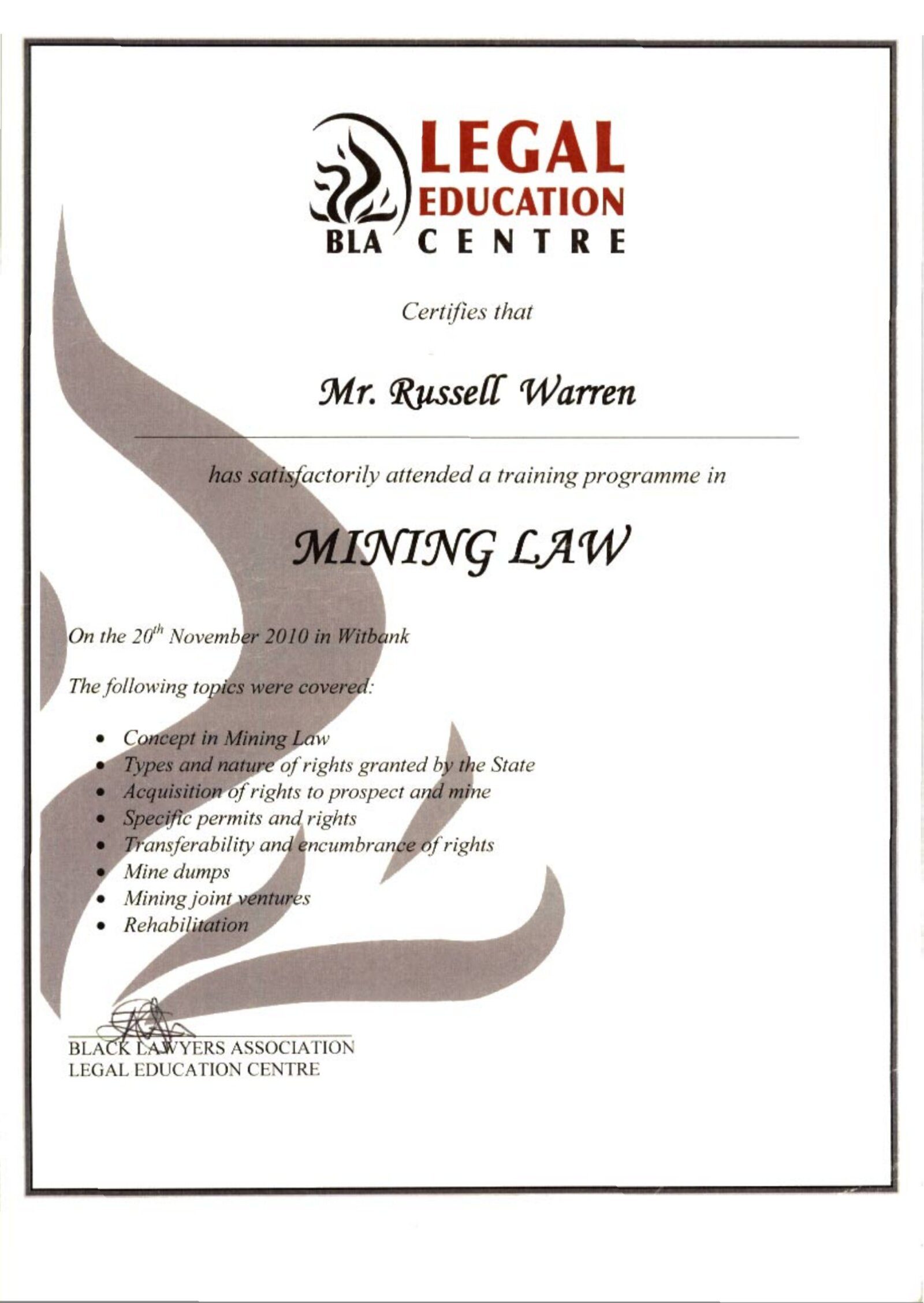 Mining Law Certificate