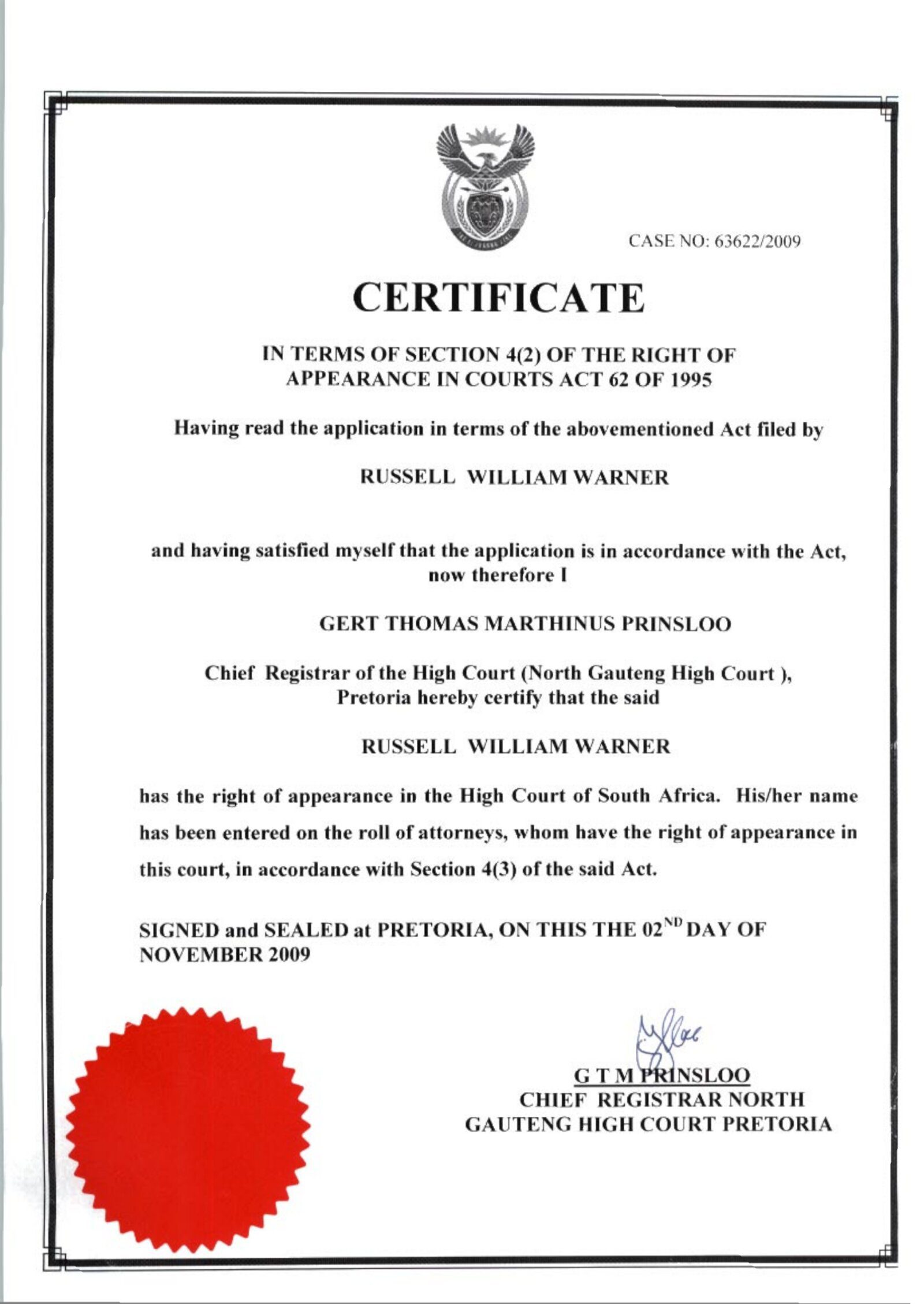Attorney Admission Gauteng Certificate